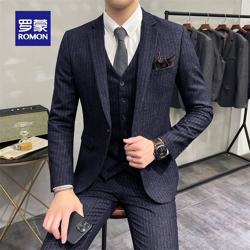 Romon striped suit suit men's temperament Korean version slim suit business casual groom best man wedding dress
