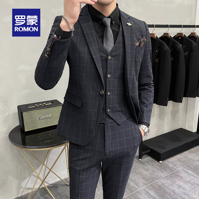 Romon plaid suit suit men's high-end banquet cocktail suit three-piece groom groom wedding dress tide