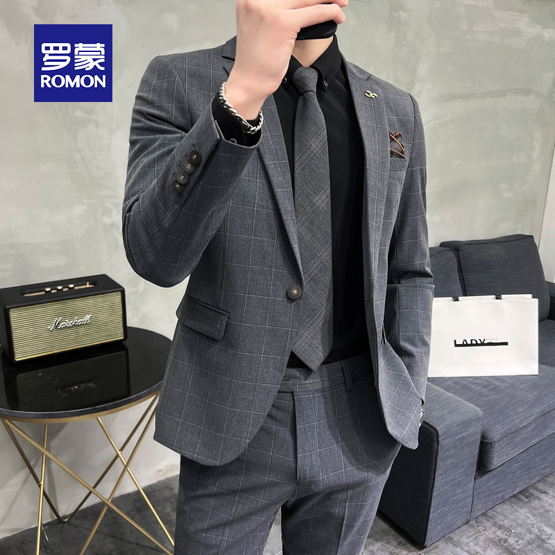Romon spring plaid suit men's suit Korean version of the slim work suit men's work suit groom wedding dress