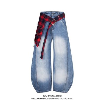 Billion Boy Bufu American High Street Plaid Deconstructed Washed Jeans for Men and Women Cleanfit Wide-Leg Scimitar Pants