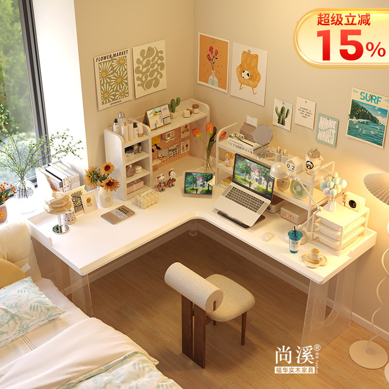 Solid Wood Corner Desk, Acrylic Computer Desk, White Cream Style Study Desk, Study Room, Bedroom, Student Writing Desk Solid Wood Corner Desk, Acrylic Computer Desk, White Cream Style Study Desk, Study Room, Bedroom, Student Writing Desk