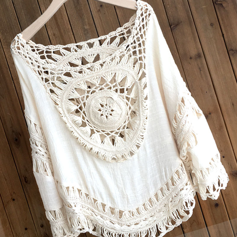 Lace Bat Cuff Hood Hollowed-out Women T-shirt Blouse Summer Round Collar Casual Thin PURE COLOR COVER SUNSCREEN
