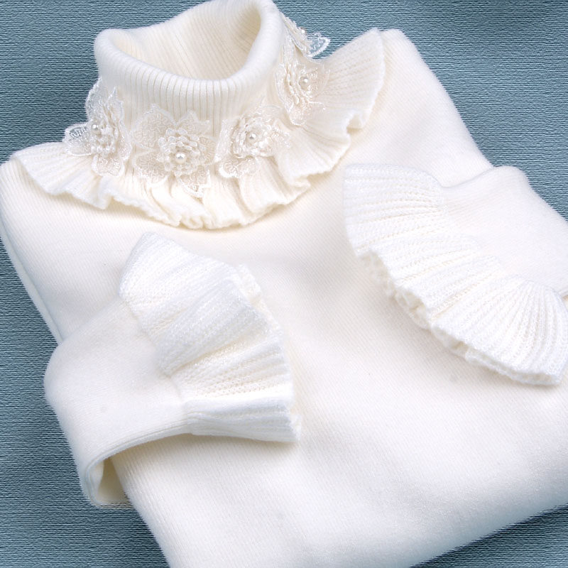 High collar floral lace sweater pullover lotus leaf lace women's slim fit short elastic all-match sweet boutique