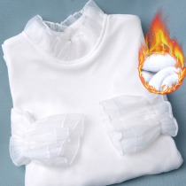 Lace plus velvet lace base shirt womens top Stretch Slim autumn and winter New flared sleeves with plus size black and white