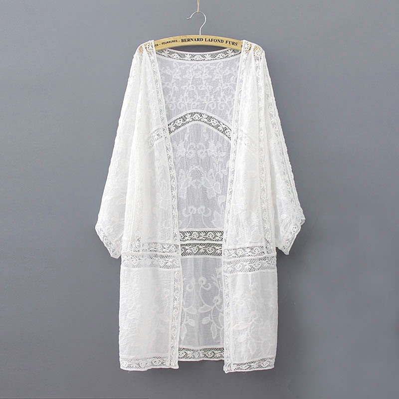 Medium long version pure cotton jacket Summer thin cardiovert bat sleeve outer lap sunscreen beach bikini hooded women hollowed-out