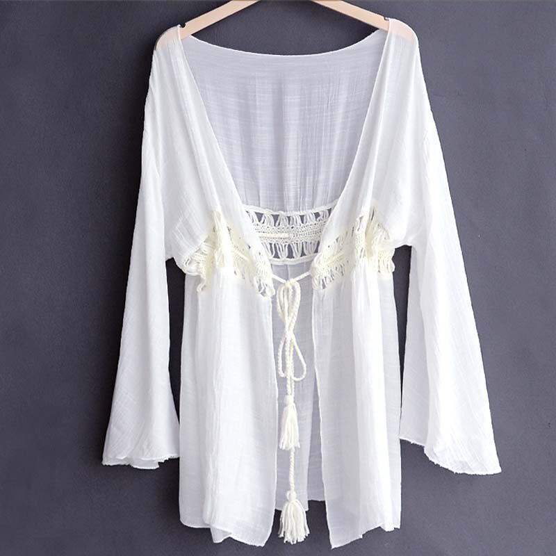 Medium Long Version Sunscreen Hooded Beach Bikini Swimsuit Jacket Long Sleeve Thin Lace Hooded Sweatshirt Loose Horn Sleeve Woman