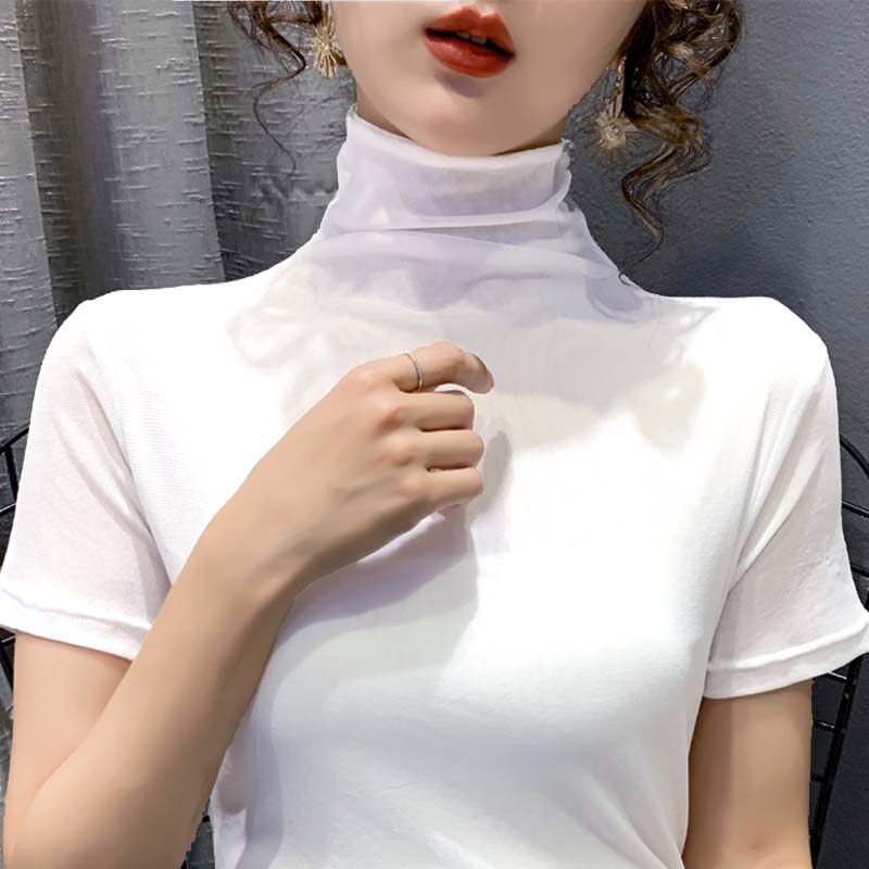 White High Collar Short Sleeve Early Autumn Beating Undershirt Short stretch to fit inside a covered head pure color sashimi T-shirt thin lady