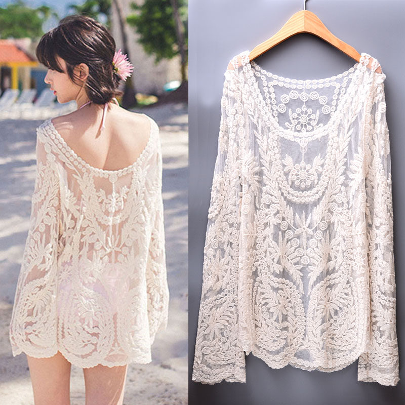 Lace blouse long sleeves cutout crewneck pullover swimsuit bikini jacket beach outer sunscreen female seaside midsea