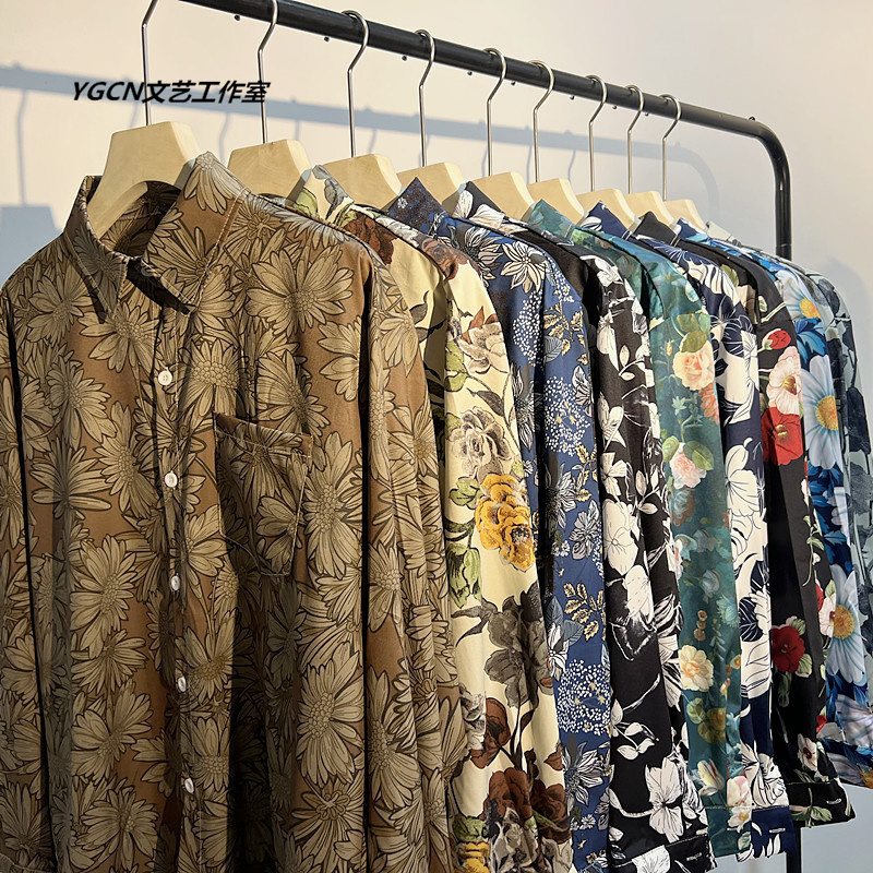 Hong Kong Style Vintage Retro Oil Painting Long-Sleeve Shirt for Men, Versatile Trendy Floral Shirt, Loose-Fitting Couple's Cool Jacket