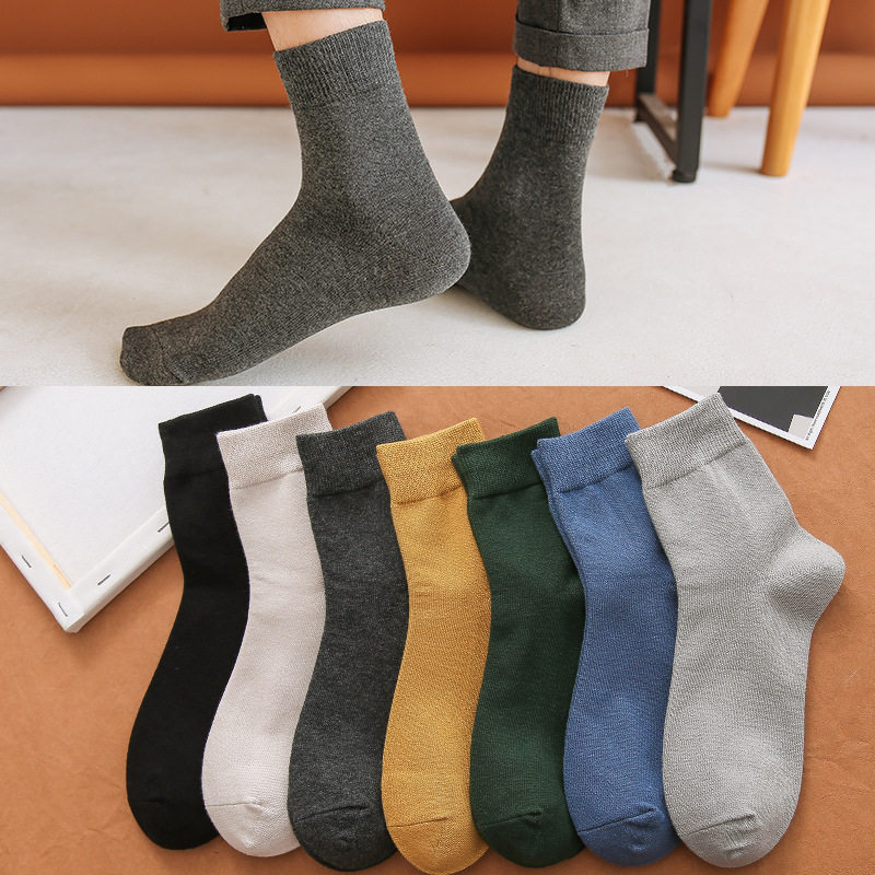 Khaki men's socks pure cotton solid color autumn and winter men's socks medium tube solid color business casual stockings 5 pairs dark green