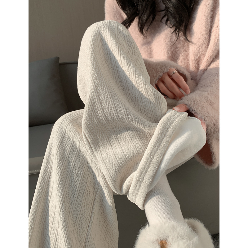 White Fleece-Lined Wide-Leg Pants for Women, Autumn and Winter Thickened Warm Cotton Pants, Suitable for Wearing Outside, with a Draping Effect, Casual Straight-Leg Pants for Winter