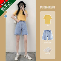 High Waist Denim Shorts Woman Summer Thin 5 Loose Straight Cylinder Small Sub Wide Leg Breaking Hole 50% Pants Tide