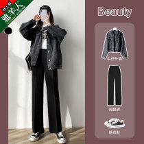 Suit wide leg pants womens pants spring and autumn high waist vertical straight small man autumn and winter plus velvet thick black trousers