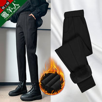 Thick woolen Haren pants womens 2021 new autumn and winter plus velvet warm black straight radish casual pipe pants