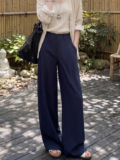 Navy Blue Linen Suit Wide-Leg Pants for Women, Summer Thin Style, Relaxed and Casual Old Money Style, Straight Cotton-Linen Pants