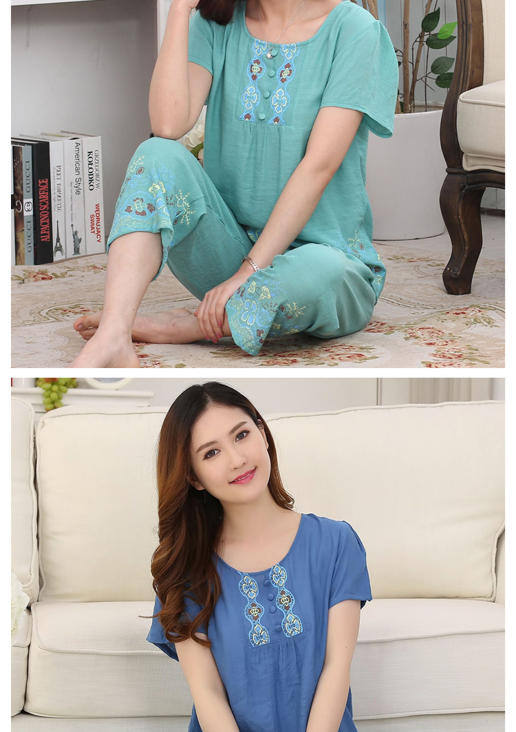 Mùa hè bà ngoại mỏng mẹ đồ ngủ phụ nữ tay ngắn mẹ chồng trung niên chất liệu cotton cotton đồ bộ ống rộng