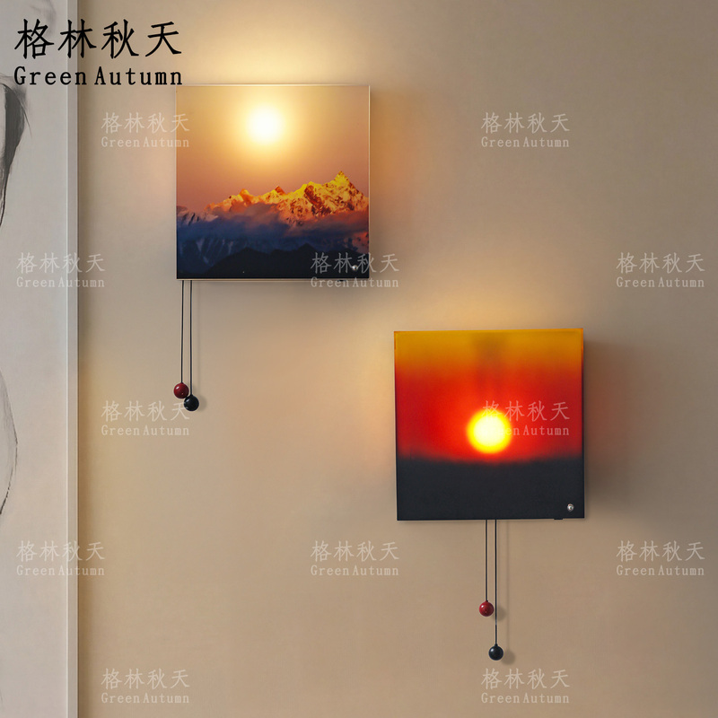 Sunset Wall Lamp with Manual Lift, Sunrise/Sunset Entranceway Hanging Painting, Ambient Light, Rechargeable, No Wiring, Bedroom Bedside Wall Lamp