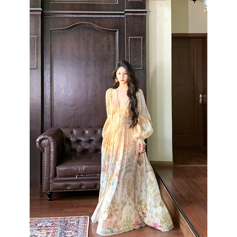 Jie Xiang [Zhuoma] Silk Linen Rhinestone V-Neck Long Embroidered Dress for Women, Summer French Court Style Long Dress
