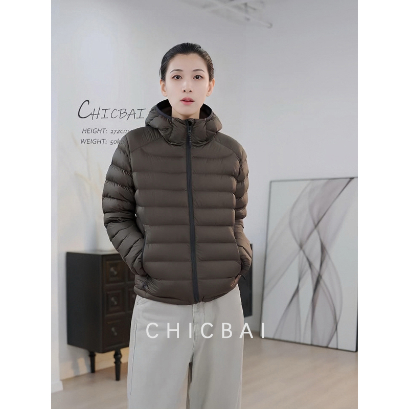 Chicbai Exclusive Edition Three-Color White Goose down Filled Ribbed Hooded down Jacket Lightweight Outdoor Coat