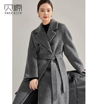 贝源2025新款灰色阿尔巴卡苏丽绒大衣女中长款双排扣加厚毛呢外套