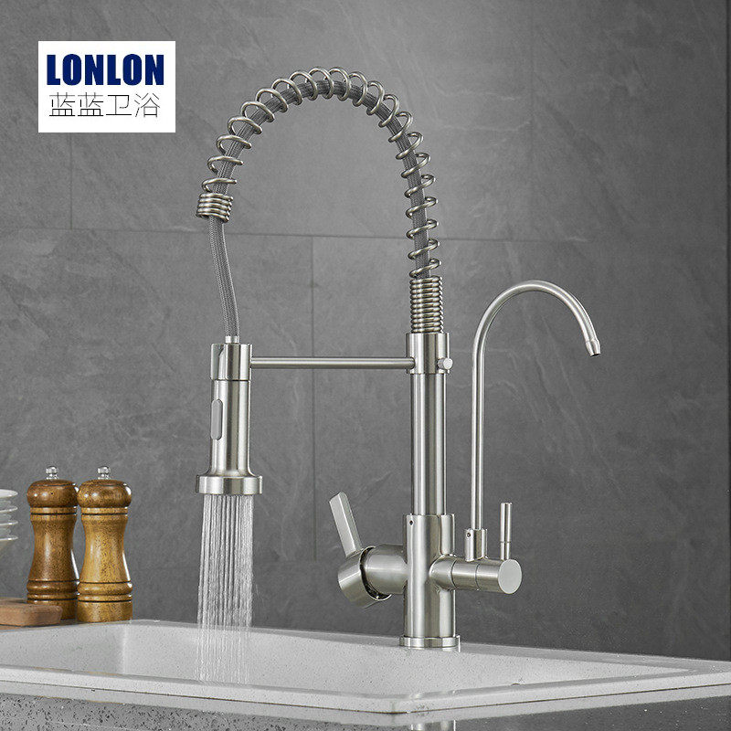 Full copper wire drawing kitchen Three-in-one spring tap hot and cold telescopic rotatable pure water with dishwashing basin