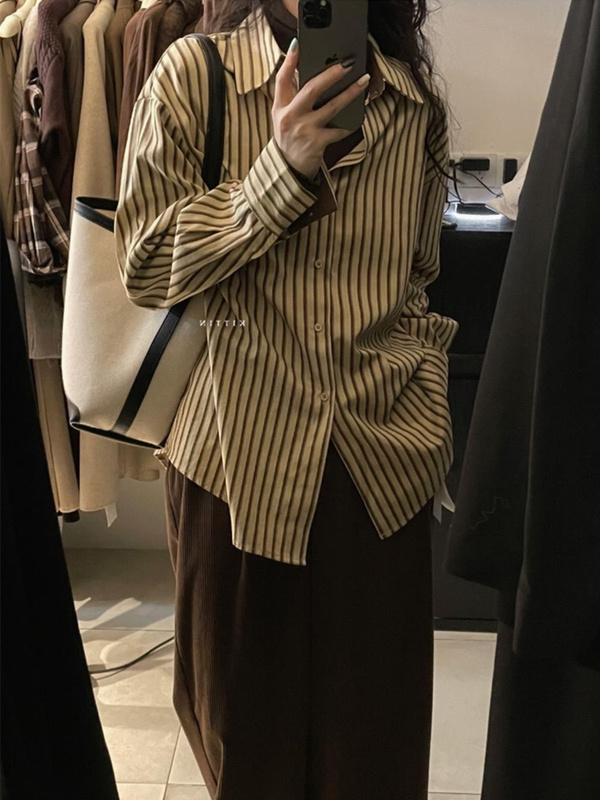 Retro Hong Kong Style Casual Striped Shirt, New Spring and Autumn Loose Thickened Top with Unique Design, Niche Shirt Jacket for Women Retro Hong Kong Style Casual Striped Shirt, New Spring and Autumn Loose Thickened Top with Unique Design, Niche Shirt Jacket for Women