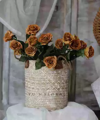 Simulation flower European-style rose retro ginger coffee color moisturizing feel rose natural flower arrangement model room