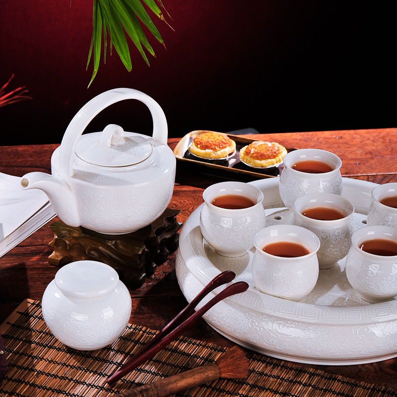 Red xin jingdezhen ceramics 9 double tea set with cover cup white reliefs the teapot