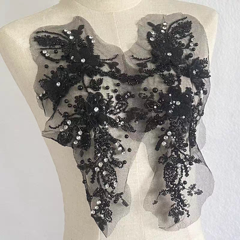Heavy Industry Black and White Sequins Stereo Flower Embroider Cloth Stickers Copper Tube Beads Diamond Mesh Lace Patch Clothing Decorative Accessories