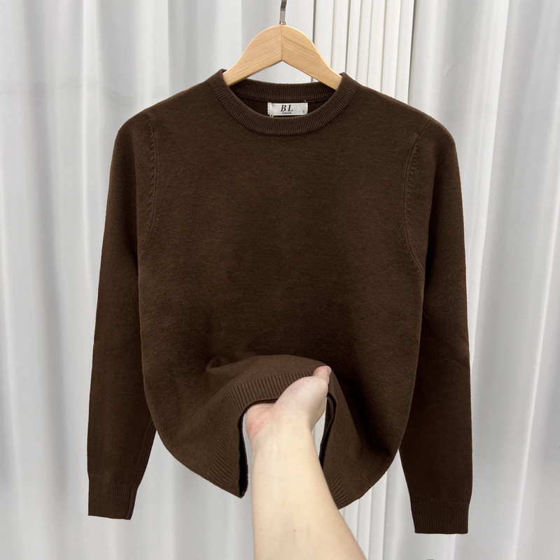 Winter Coffee-Colored Crew Neck Sweater for Men, Stretchy Knit Top, Versatile Base Layer, Slim Fit, Vintage, Warm Fleece Sweater, Trendy