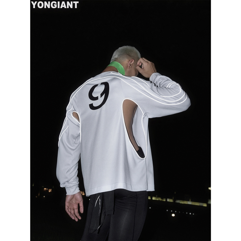 Yongiant Light Gray Blue Mesh Back Hollow-Out Design Printed Long-Sleeve T-Shirt Yg2566 2026Aw Yongiant Light Gray Blue Mesh Back Hollow-Out Design Printed Long-Sleeve T-Shirt Yg2566 2026Aw