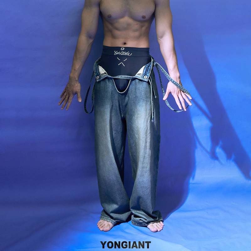 Yongiant Washed Blue Open Placket Design Suspender Jeans 2025Ss Yg2611