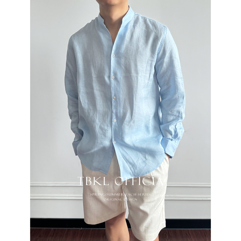 [100% Linen] New Noble Style Stand Collar Chinese-Style Shirt Long Sleeve Breathable Old Money Casual Business Shirt for Summer