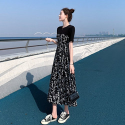 Dresses for women 2024 summer new style Hepburn style mid-length spliced ​​​​floral skirt temperament high waist slim long skirt summer