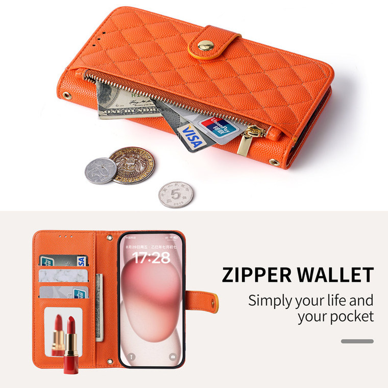 Quilted Orange Leather Diamond Pattern Flip iPhone Case