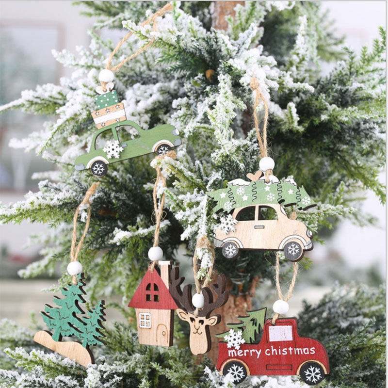 Christmas decorations wooden creative pendant Christmas elk hut car ornaments small tree hanging parts Christmas tree hanging