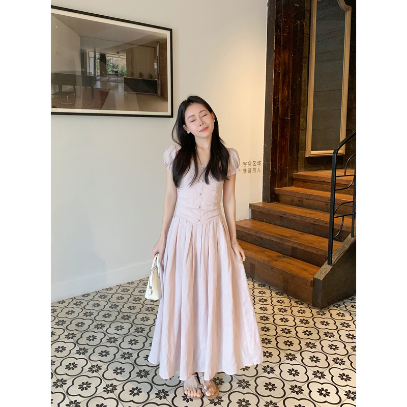 French-Style Gentle Pink Puff-Sleeve Dress for Women, Summer Silk Linen Waist-Cinching, Elegant, Slimming, Stunning Long Dress with a Large Hem French-Style Gentle Pink Puff-Sleeve Dress for Women, Summer Silk Linen Waist-Cinching, Elegant, Slimming, Stunning Long Dress with a Large Hem