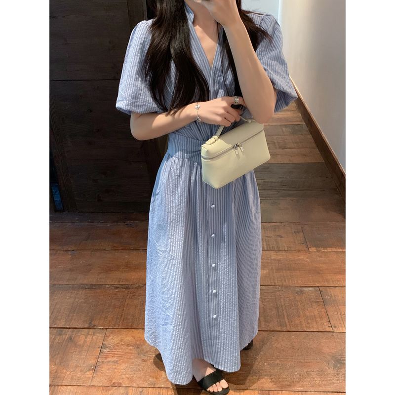 French Retro Blue Striped Dress for Women, New Summer V-Neck Knot Puff Sleeve Waist-Cinching Slimming Elegant Long Dress French Retro Blue Striped Dress for Women, New Summer V-Neck Knot Puff Sleeve Waist-Cinching Slimming Elegant Long Dress