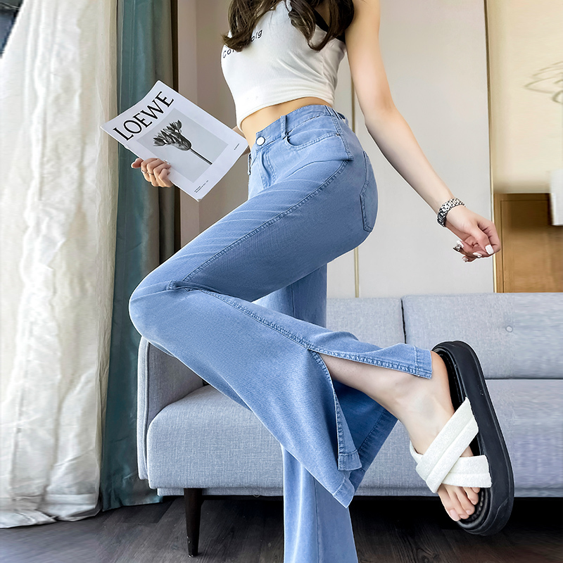 Side-Slit Flared Tencel Jeans for Women, 2026 Spring/Summer Thin Ice Silk High-Waisted Tall Drape Bell-Bottom Pants