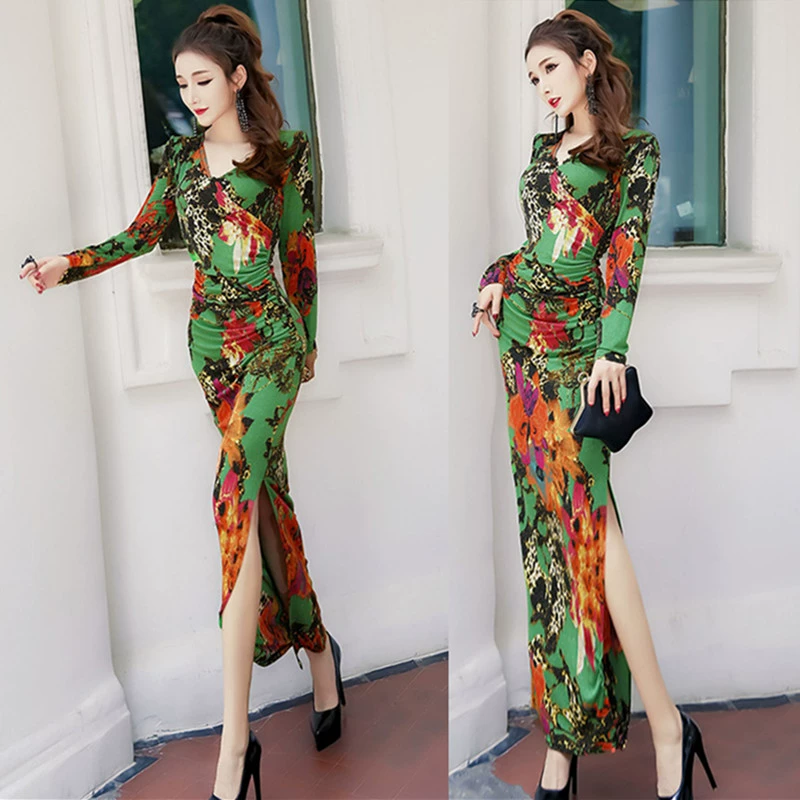 Mùa thu năm 2021 túi phụ nữ dài tay hông in mảnh khảnh gợi cảm cộng với kích thước váy dài eo thon váy xẻ tà - Váy dài