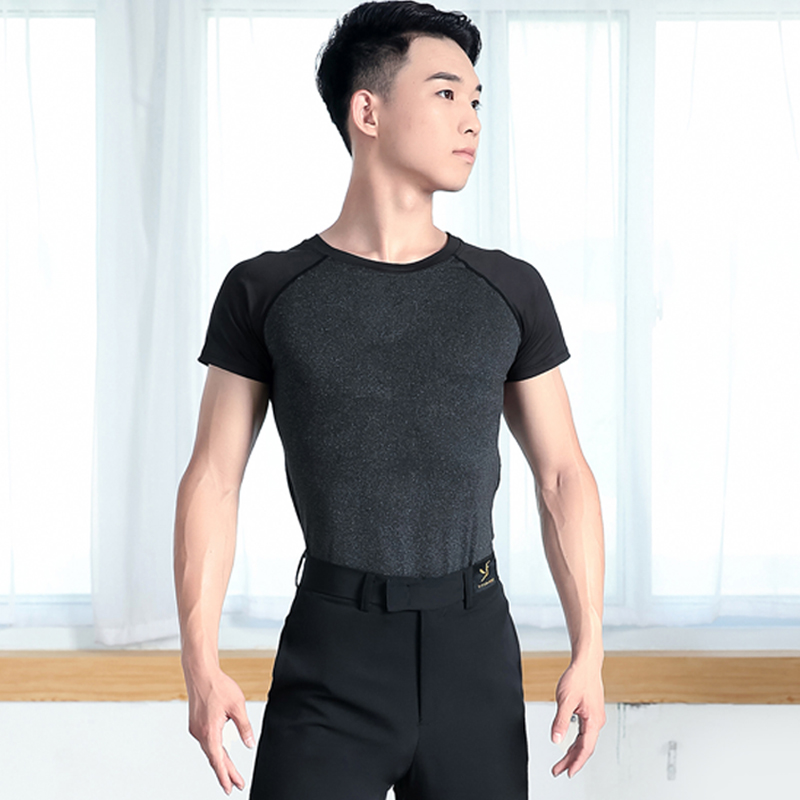 New Latin dance men's top short sleeve modern dance practice suit Men's square dance crew neck men's competition suit National standard dance