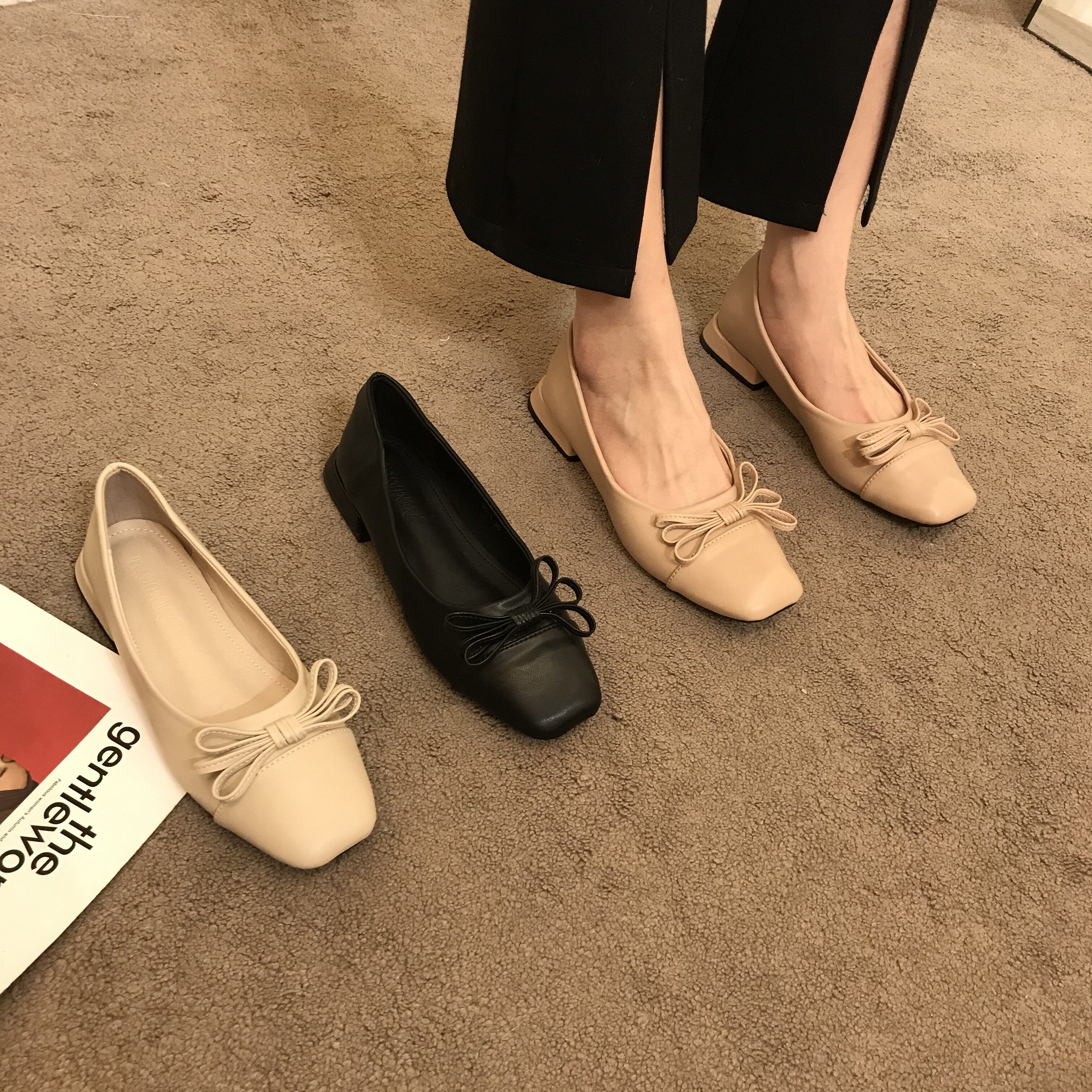 ITRA shoes women's single shoes square head shallow mouth thick heel soft leather women's shoes commuting grandma shoes