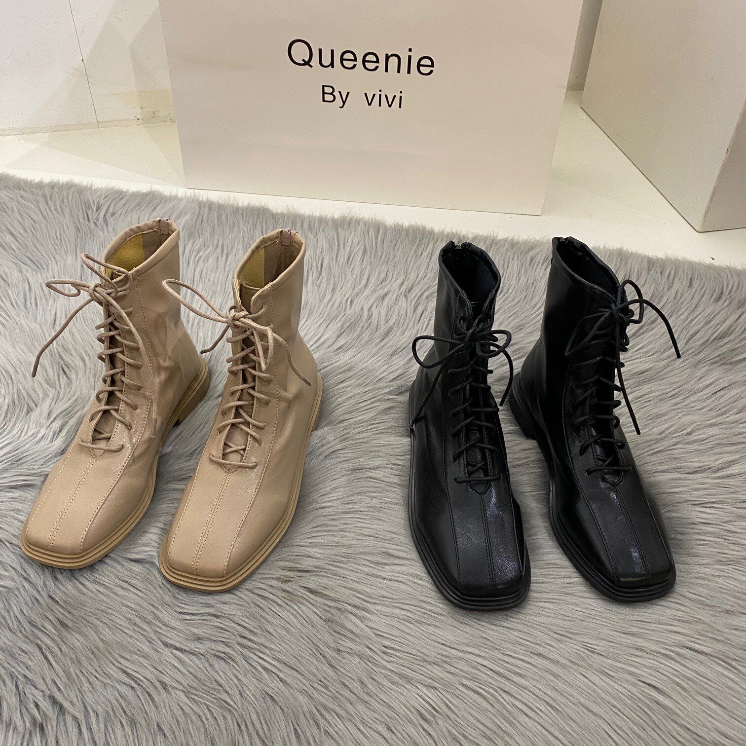 ITRA autumn and winter Martin boots women's British style square toe thick heel lace-up thin short boots