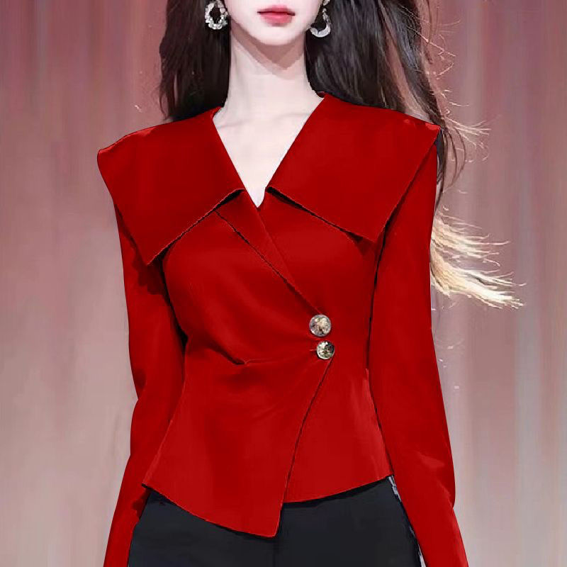 Red Long-Sleeved Shirt, Autumn Clothing for Women, 2025 New Style, Elegant Blouse, High-End, Unique and Beautiful Early Autumn Top
