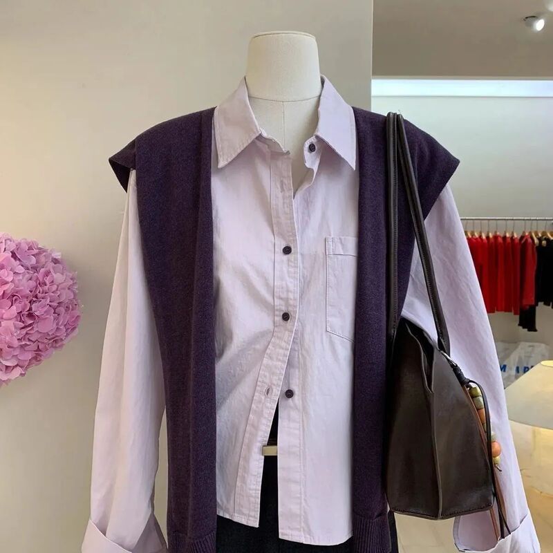 Elegant Purple Pure Cotton Polo Collar Long-Sleeved Shirt with a Stylish and Smart Design, Featuring a Back Slit and Buttoned Design, Loose-Fitting Top