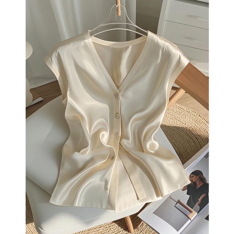 European-Style Acetate Satin Sleeveless Shirt for Women, New Summer Korean Chic Unique High-End Light Luxury Layered Top