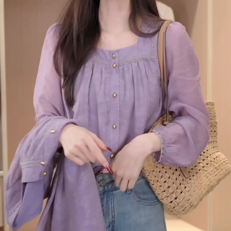 French-Style Square-Neck Dopamine Top, Stylish Long-Sleeve Shirt for Women, 2025 Spring New Design, Elegant and Thin Shirt