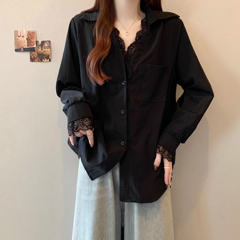 Lace Trim V-Neck Long-Sleeve Shirt for Women, Spring and Summer, Plus Size, Loose Fit, Versatile, Sun-Protective Top Lace Trim V-Neck Long-Sleeve Shirt for Women, Spring and Summer, Plus Size, Loose Fit, Versatile, Sun-Protective Top