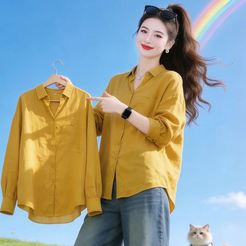 High-End Design Sunset Yellow Mid-Length Polo Collar Shirt Top 2026 Spring and Autumn New Women's Shirt Trend High-End Design Sunset Yellow Mid-Length Polo Collar Shirt Top 2026 Spring and Autumn New Women's Shirt Trend