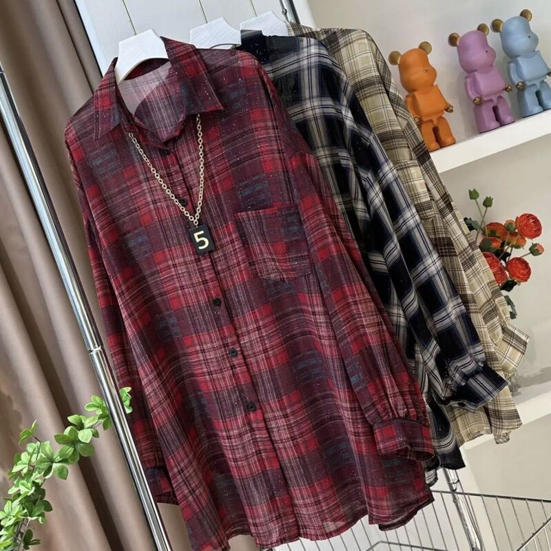 Starry Sky Flash Grid Sunscreen 0085 # Summer Long-Sleeved Loose Air-Conditioning Shirt Casual Mid-Length Plaid Shirt Top Starry Sky Flash Grid Sunscreen 0085 # Summer Long-Sleeved Loose Air-Conditioning Shirt Casual Mid-Length Plaid Shirt Top
